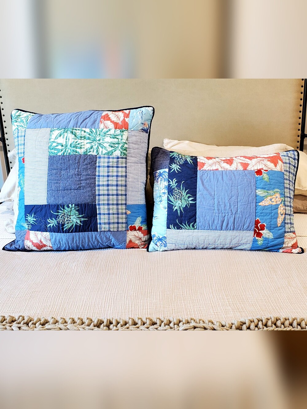 Pottery Barn Kids Aloha Beach Patchwork Quilted 2 Pillow Sham Set, EUC
